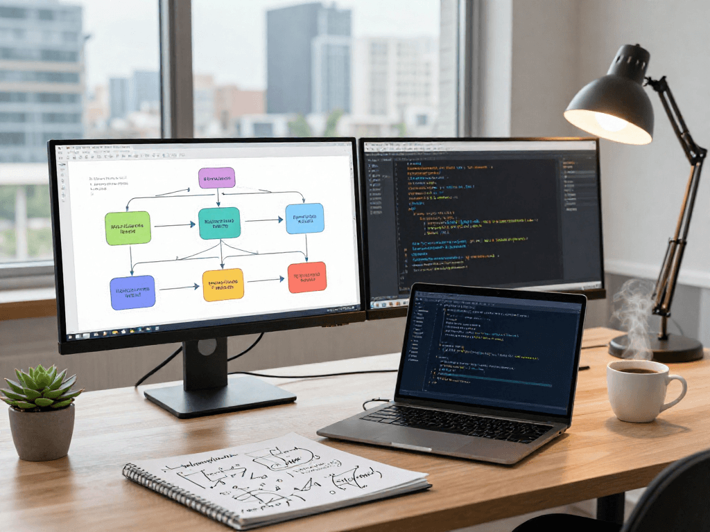 Data scientist analyzing juicy ai outputs in a modern tech workspace with dual monitors and vibrant flowcharts.
