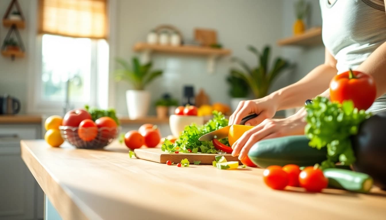 Preparing a healthy meal for Weight Loss with fresh vegetables and fruits.