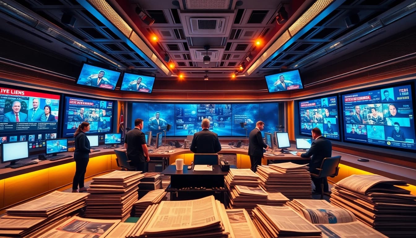 The bustling newsroom captures the essence of the gateway pundit, showcasing journalists sharing timely stories.