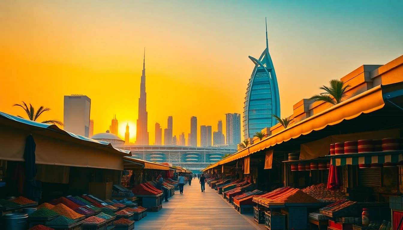 Experience the breathtaking skyline while you travel to Dubai, showcasing the Burj Khalifa at sunset.