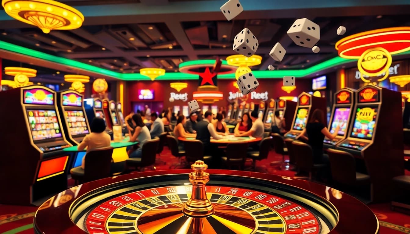Gambling scene with KJC AC 3 casino tables, cards, and slot machines.