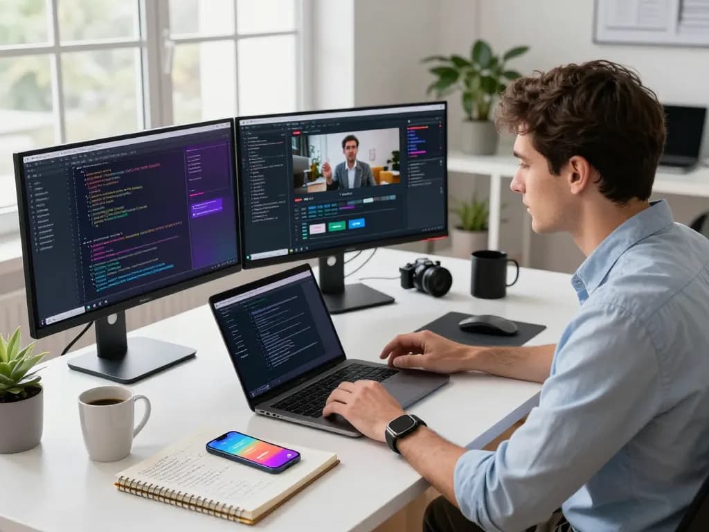 Professional developer using video to prompt ai tool in a modern workspace, showcasing dynamic tech environment.