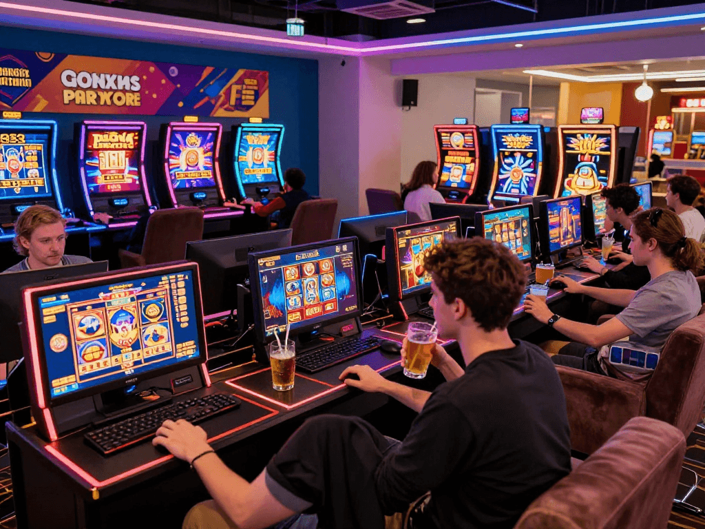 Engaged players at a vibrant online gaming lounge, showcasing casinos not on Gamstop with exciting slot games and promotions.