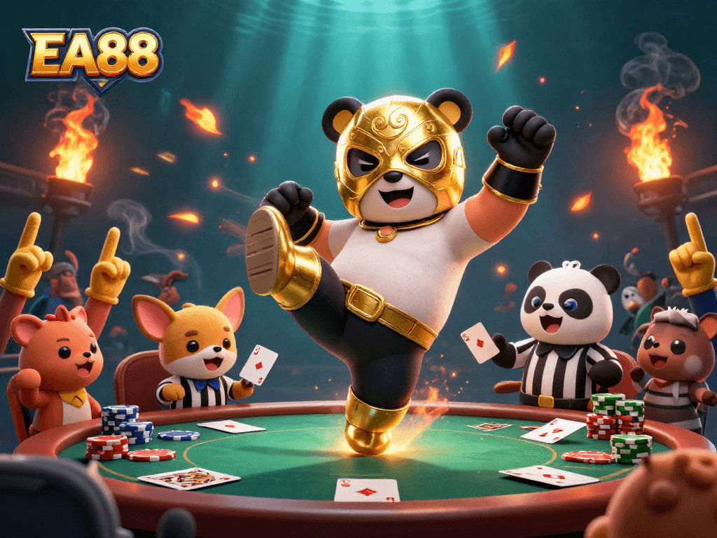 Engage with EA88 poker strategies in a vibrant 3D casino scene filled with action-packed characters.