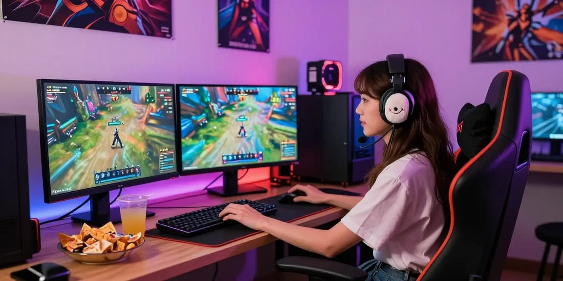 Enjoying a real porn game on multiple monitors in a vibrant gaming room atmosphere.