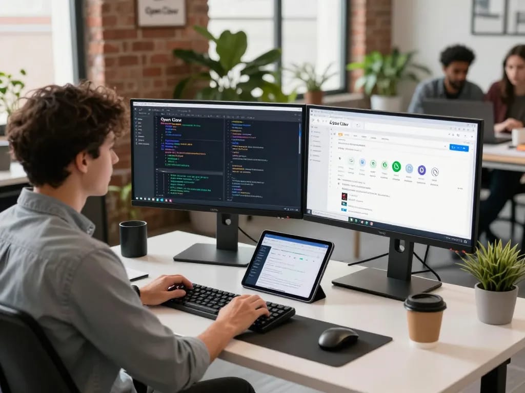 Developer using Open Claw in a modern workspace with dual monitors and collaborative tech environment.