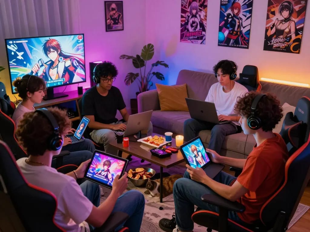 Group of gamers enjoying a lively session of porngame with multiple devices in a cozy setting.