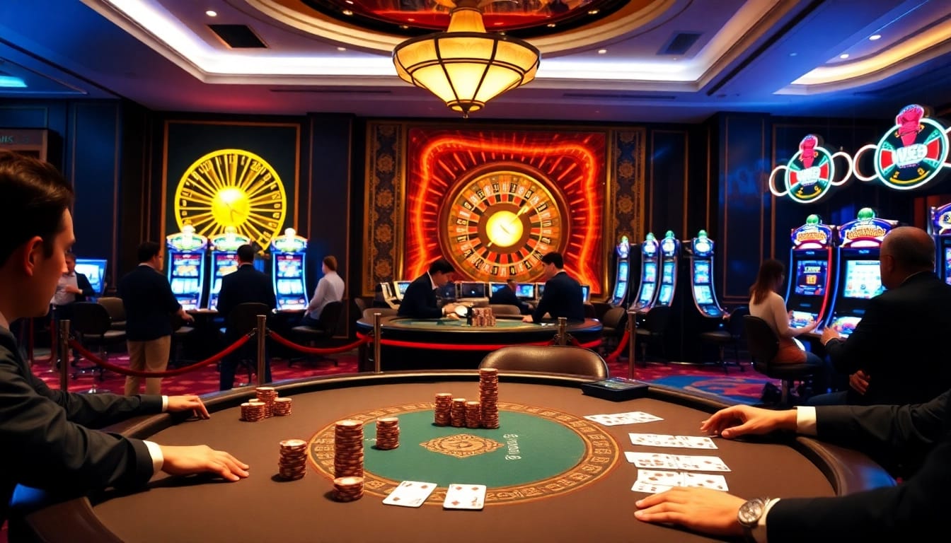 Exciting casino scene with poker players at a luxurious table, embodying trang chủ w88 thrills.