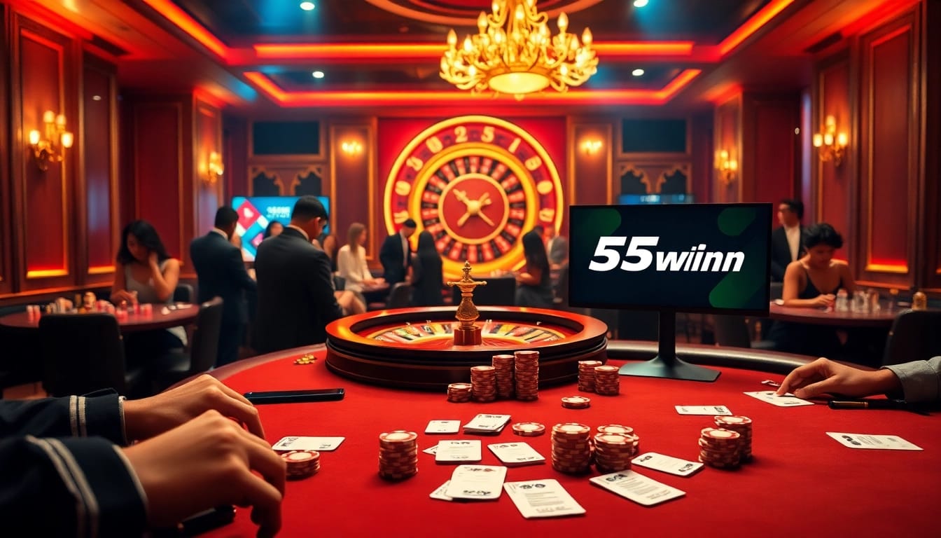 Experience the excitement of 55win at a luxurious casino with poker chips and betting slips.
