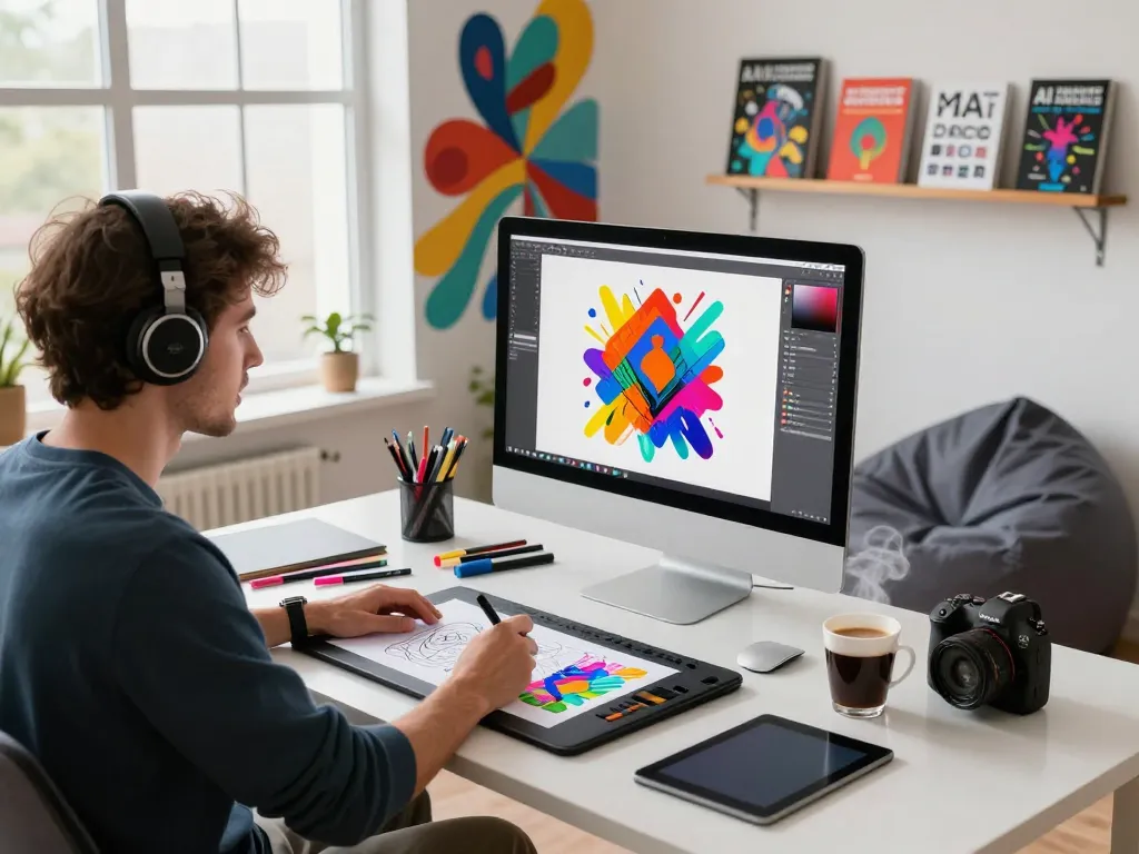 Digital artist using an image to prompt tool to generate vibrant AI artwork in a creative workspace.