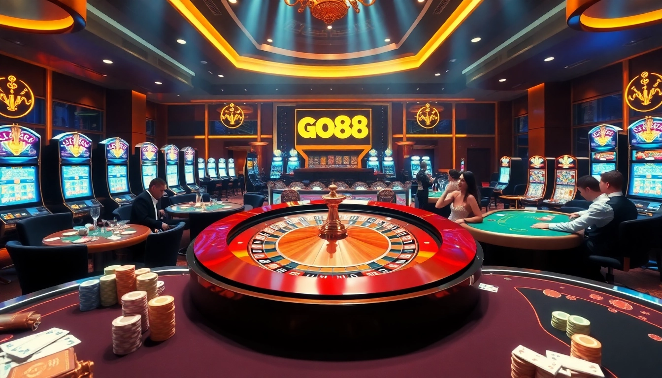 Players enjoying intense moments at luxury casino tables with go88-themed games and rich visuals.