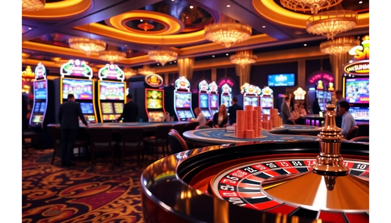Players enjoying a thrilling experience at a Sunwin casino, showcasing vibrant slot machines and poker tables.