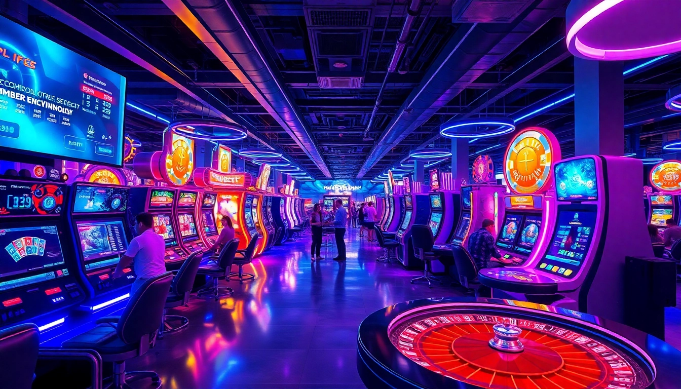 Discover players enjoying immersive New Technology experiences at a futuristic casino floor filled with high-tech gaming booths.