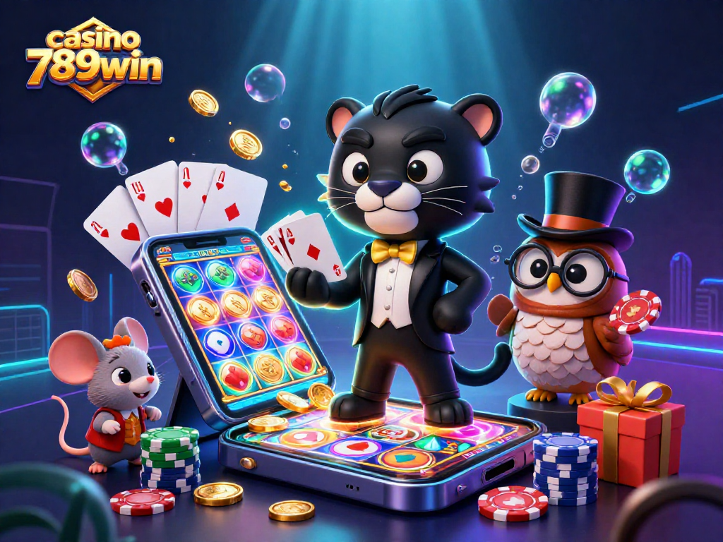 Experience the thrill at casino 789win with a 3D illustration of playful characters in a vibrant casino setting.