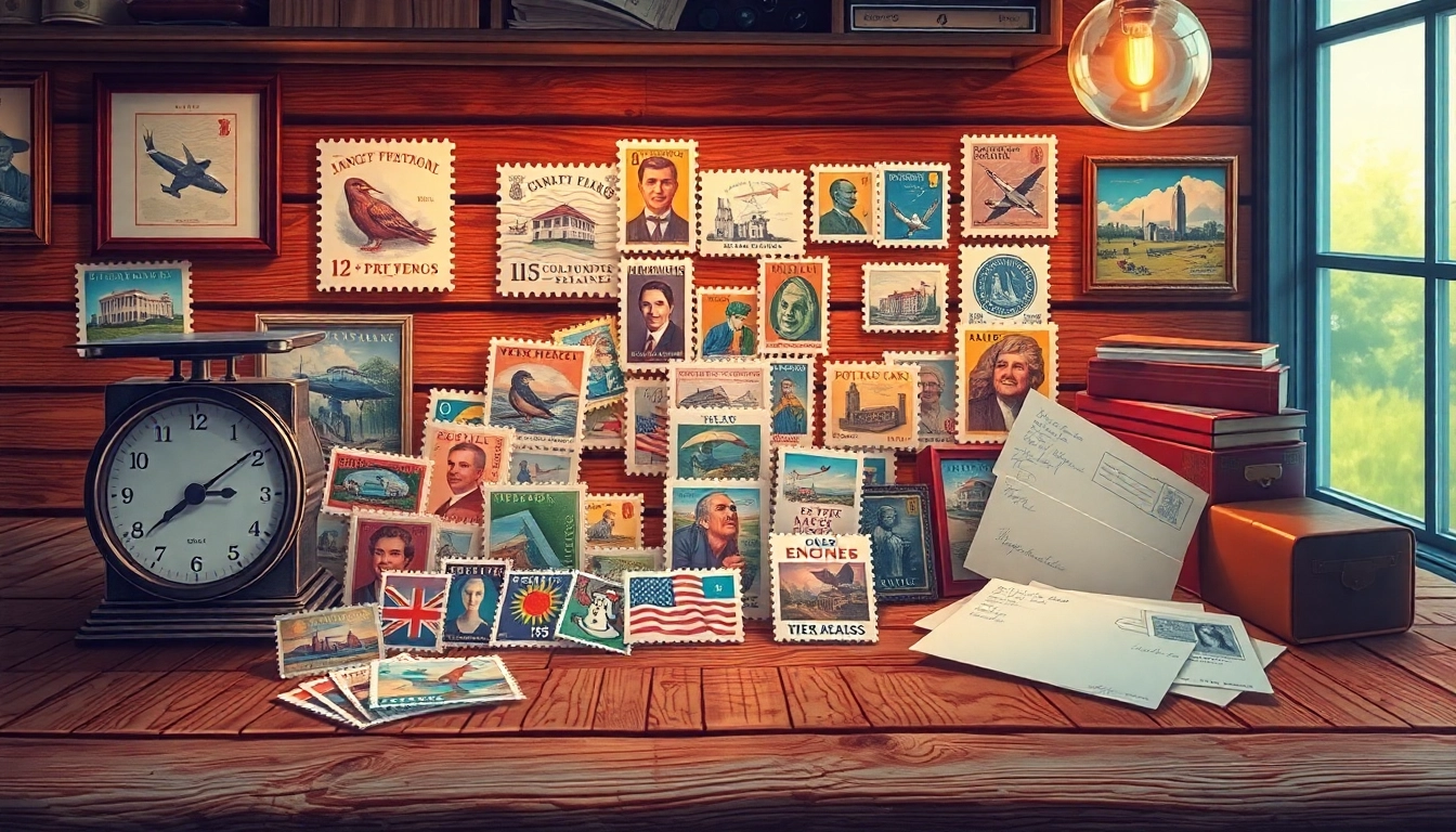 Beautiful collection of discounted postage stamps displayed on a wooden table with envelopes.