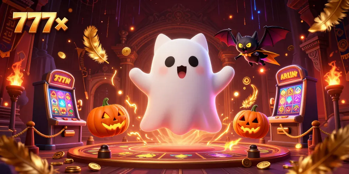 Experience the thrilling magic of 777x with a ghost cat and vampire bat in a casino setting.