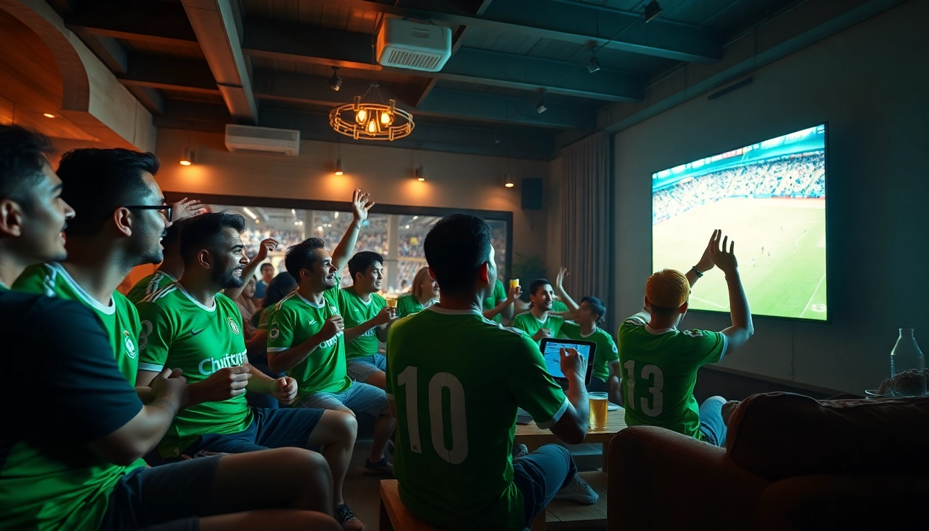 Excited fans watching live football on vaoluoi tv in a vibrant sports bar atmosphere.