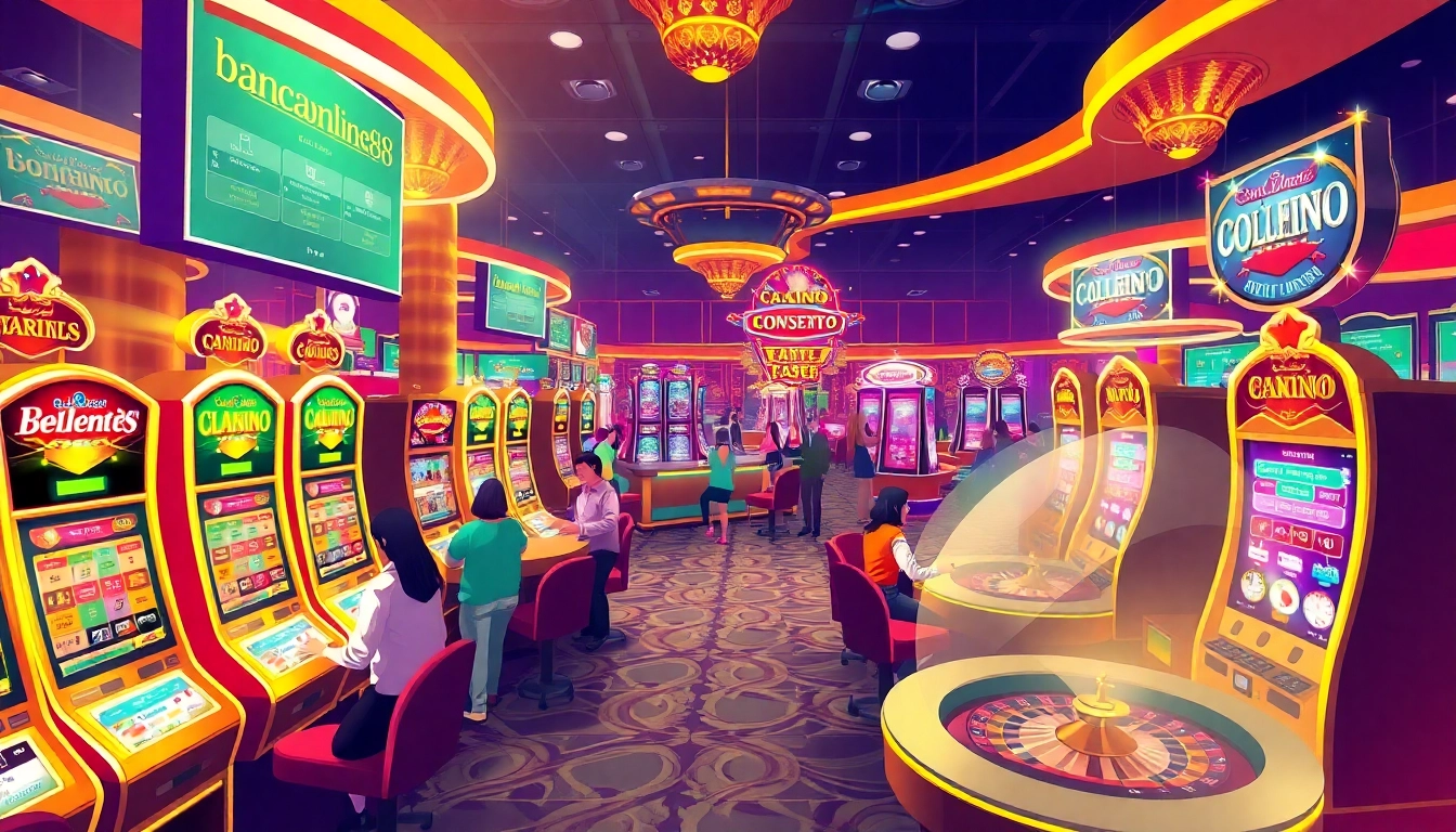 bancaonline88 showcases a lively casino scene with players at vibrant slot machines, capturing the excitement of online gambling.