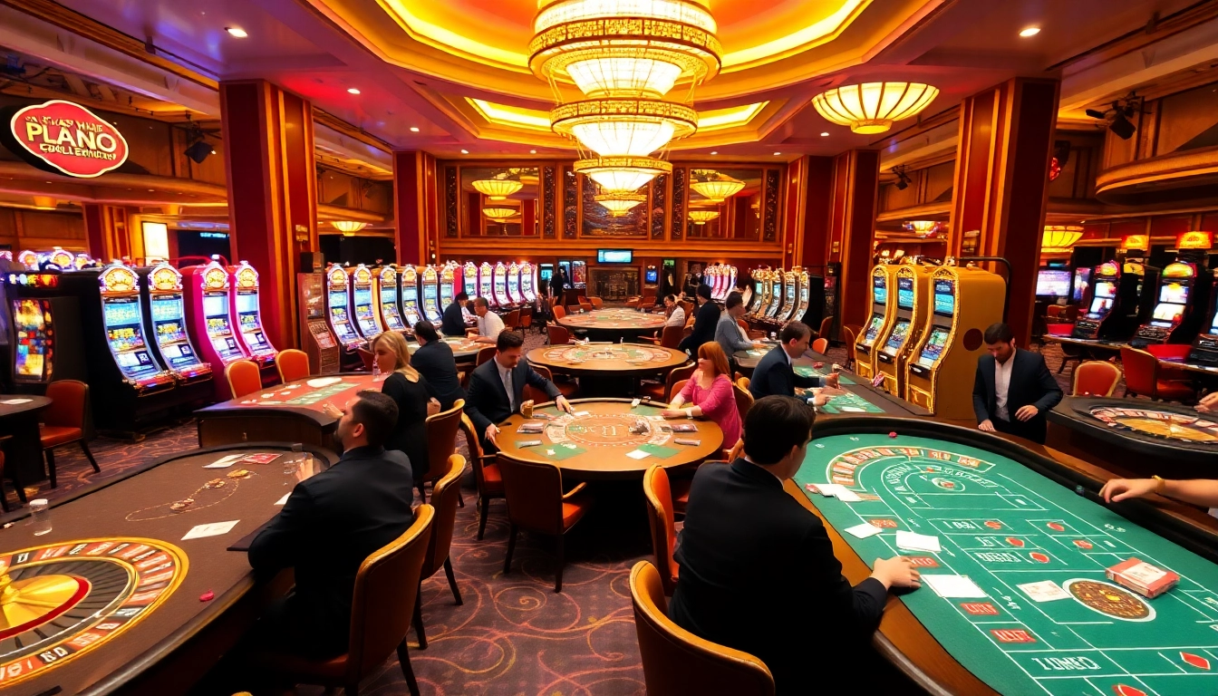 Players enjoying an immersive casino experience at https://hacoolmall.com/, featuring vibrant tables and spinning roulette.