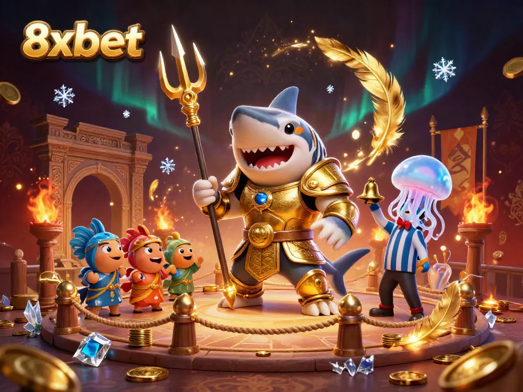 Engage in exciting underwater battles at 8xbet with a fierce shark gladiator amidst cheering marine life.