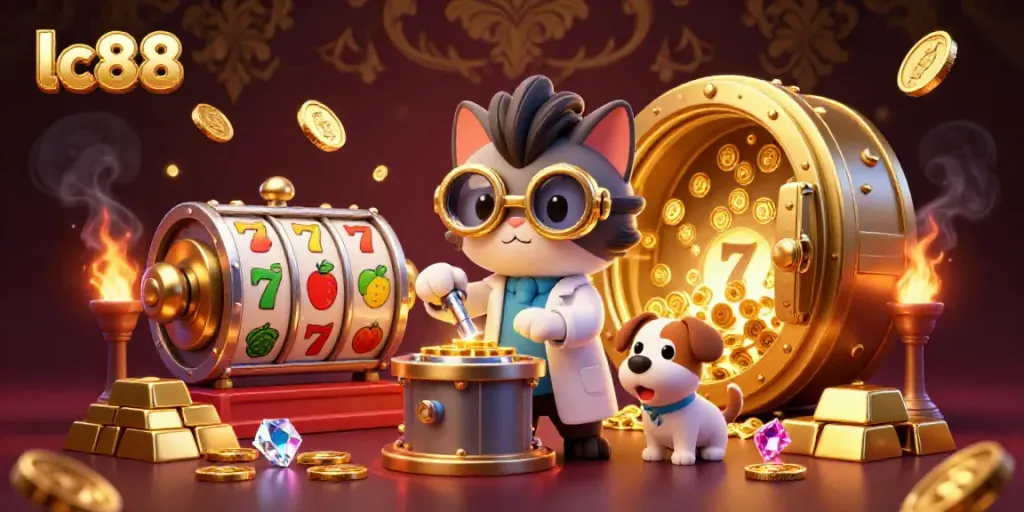 Experience exciting gameplay with lc88's vibrant cartoon scene featuring a scientist cat and assistant dog amidst casino treasures.