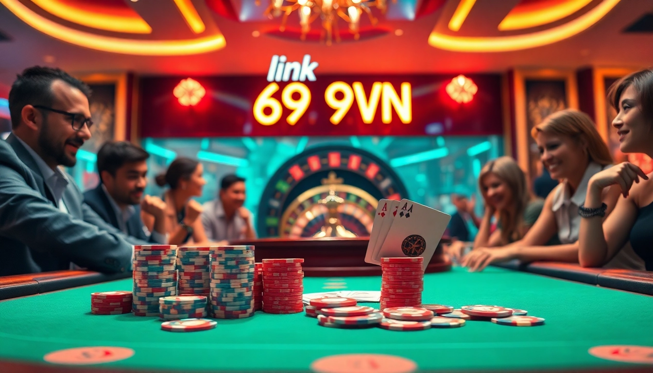 Experience the thrill of poker action at link 69VN with players in a bustling casino setting.