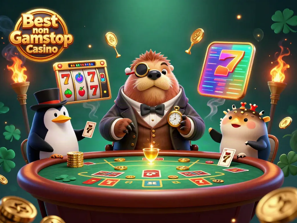 Experience the thrilling atmosphere of the Best non Gamstop Casino with a jolly walrus at a poker table.