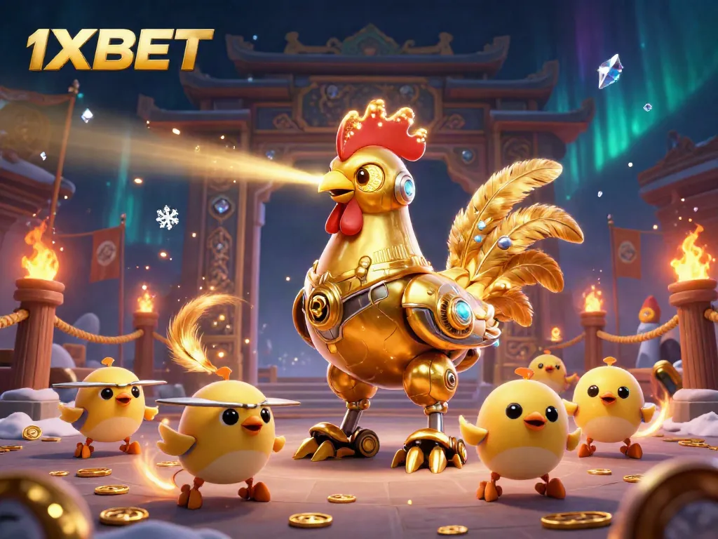 Engage in thrilling gaming with 1XBET's retro-futuristic scene featuring a golden robot and baby chick drones.