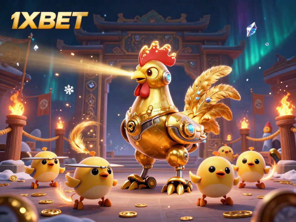 Engage in thrilling gaming with 1XBET's retro-futuristic scene featuring a golden robot and baby chick drones.