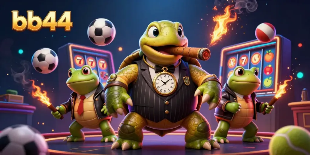 Experience high-stakes action with the bb44 casino-themed illustration featuring a snapping turtle and bullfrog enforcers.