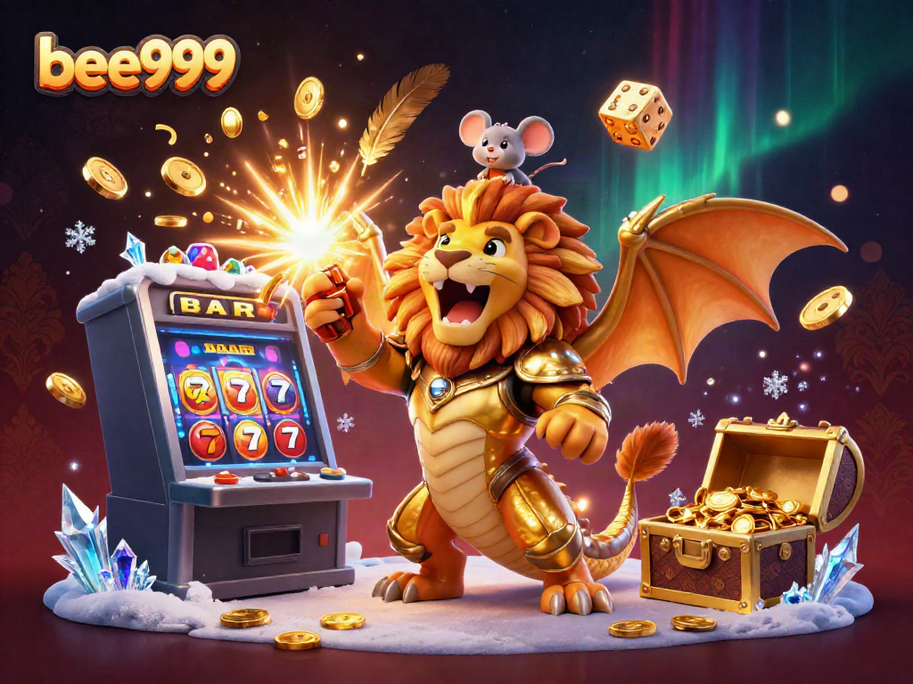 Experience the exhilarating bee999 jackpot with a roaring chimera and a mouse jockey amidst dazzling casino symbols and gold coins.