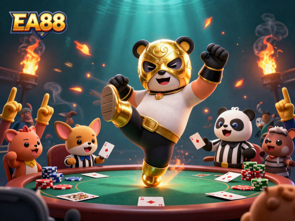 Engage with EA88 poker strategies in a vibrant 3D casino scene filled with action-packed characters.