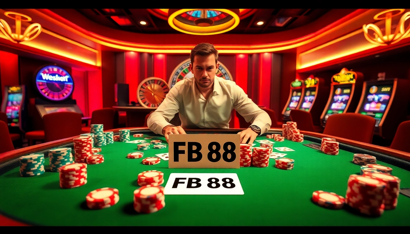 Players experiencing the excitement of FB 88 at a vibrant poker table surrounded by casino games.