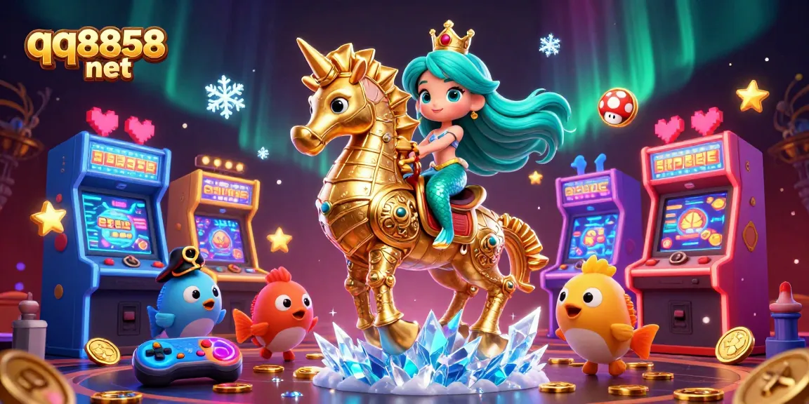 Experience thrilling gameplay with qq8858 net in a vibrant 3D casino illustration featuring a mermaid princess and seahorse.