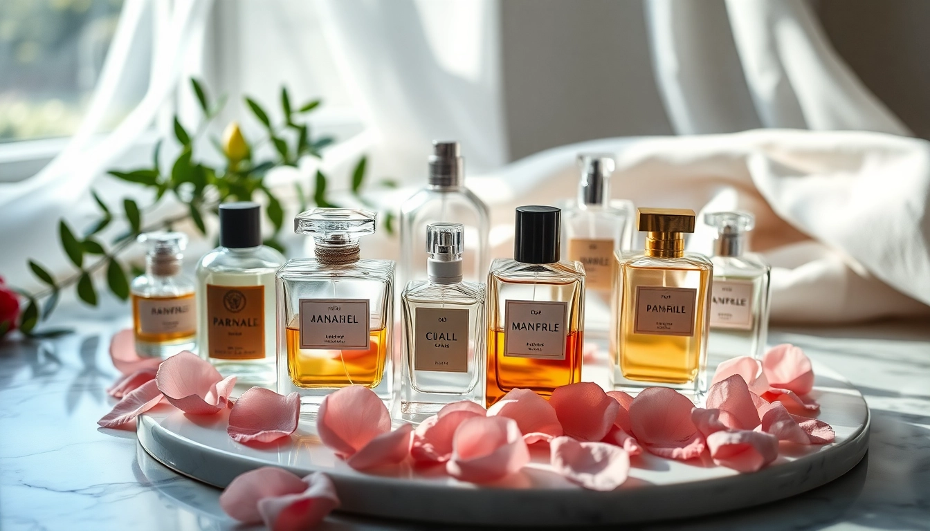 Showcasing unique perfume bottles inspired by perfumes with delicate flower petals and soft lighting.