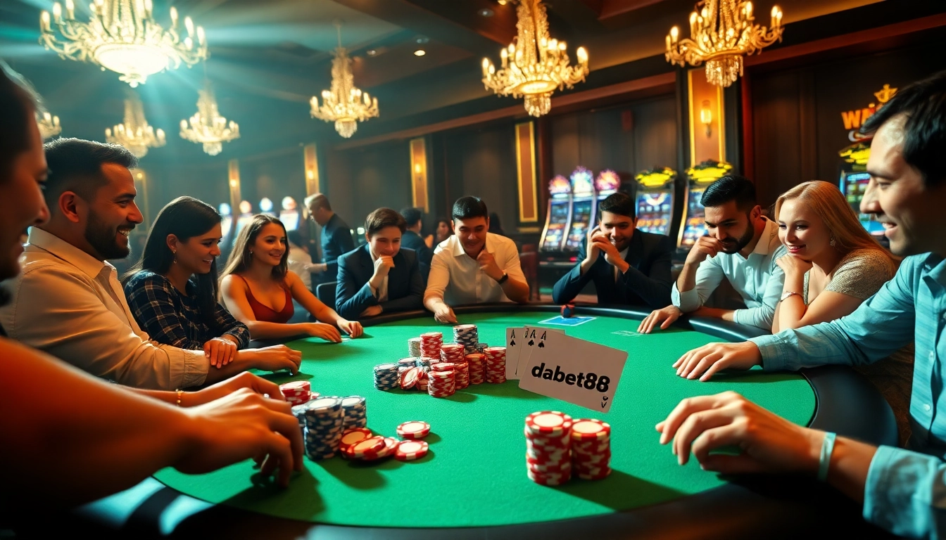 Dabet88 excitement unfolds at a poker table with players engaged in high-stakes gambling action.