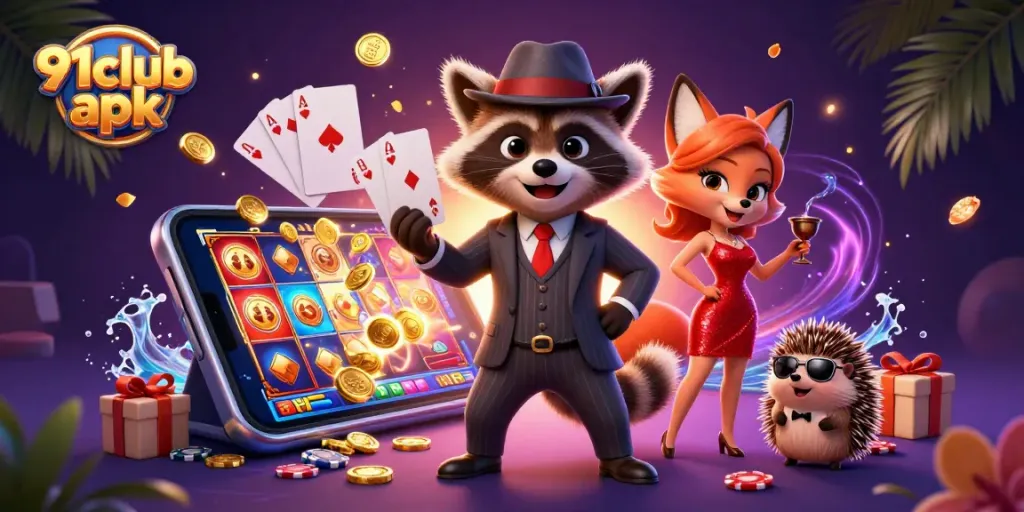 Try your luck with the vibrant 91club apk, featuring a raccoon and friends in a lively casino scene.