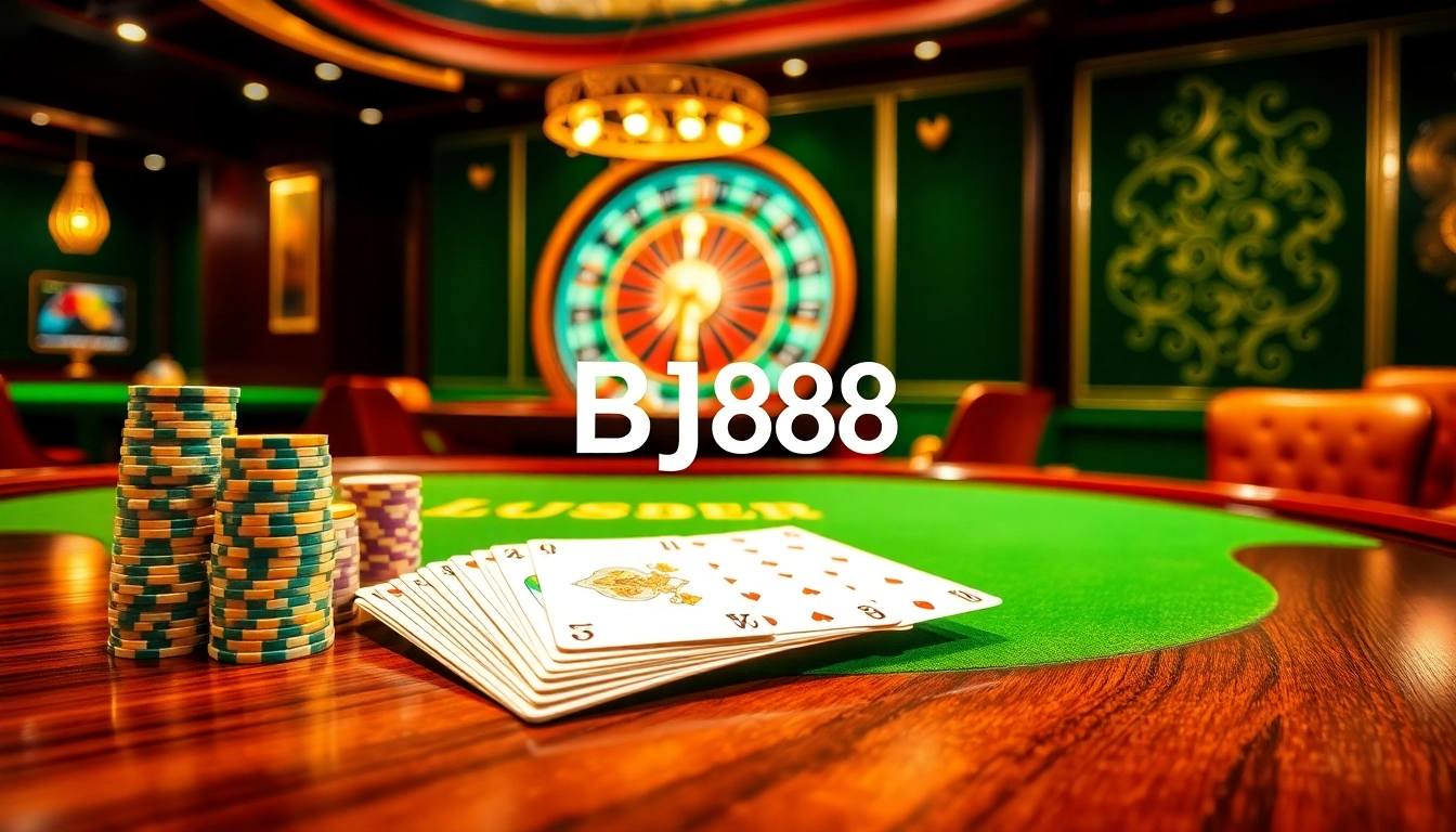 Experience the thrill of gambling at BJ88 with a luxurious casino setup featuring poker chips and cards.