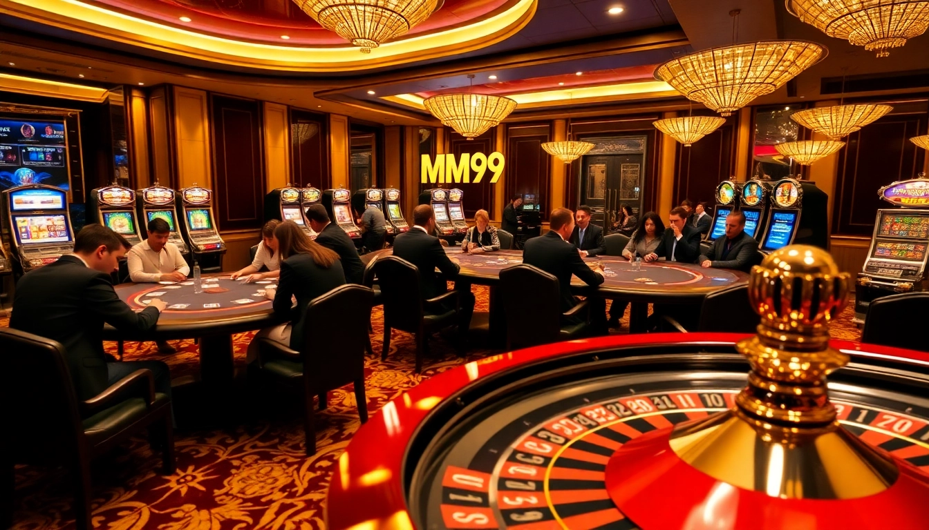 MM99 casino enthusiasts enjoying a game at a luxurious poker table, embodying the excitement of online gambling.