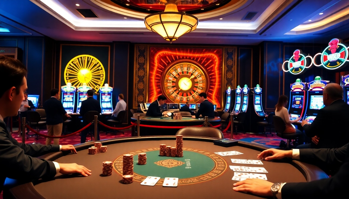 Exciting casino scene with poker players at a luxurious table, embodying trang chủ w88 thrills.