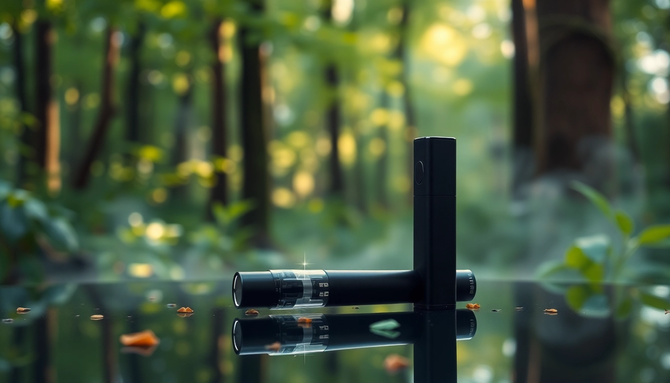 Buy DMT disposable vape pen resting on a reflective surface in a serene forest setting.