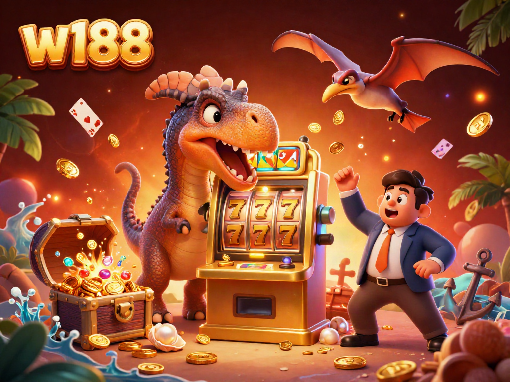 Experience w188's thrilling jackpot scene with vibrant characters and casino elements galore.