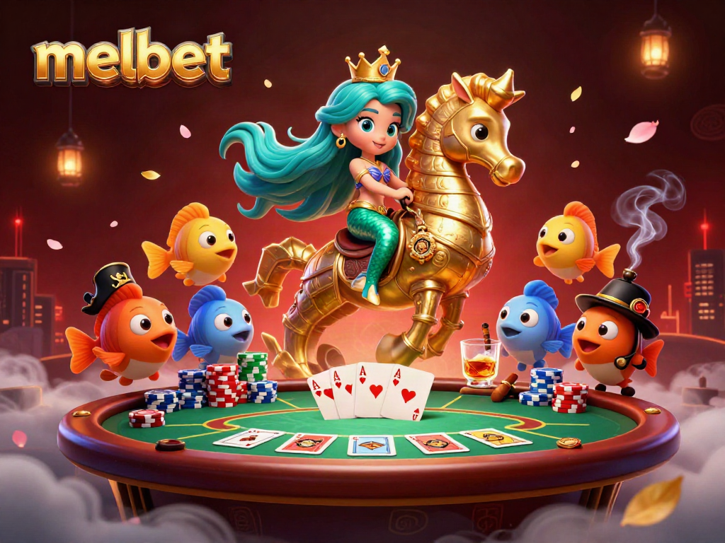 Engage with melbet-themed 3D illustration featuring a mermaid princess, seahorse, and dynamic poker scene.