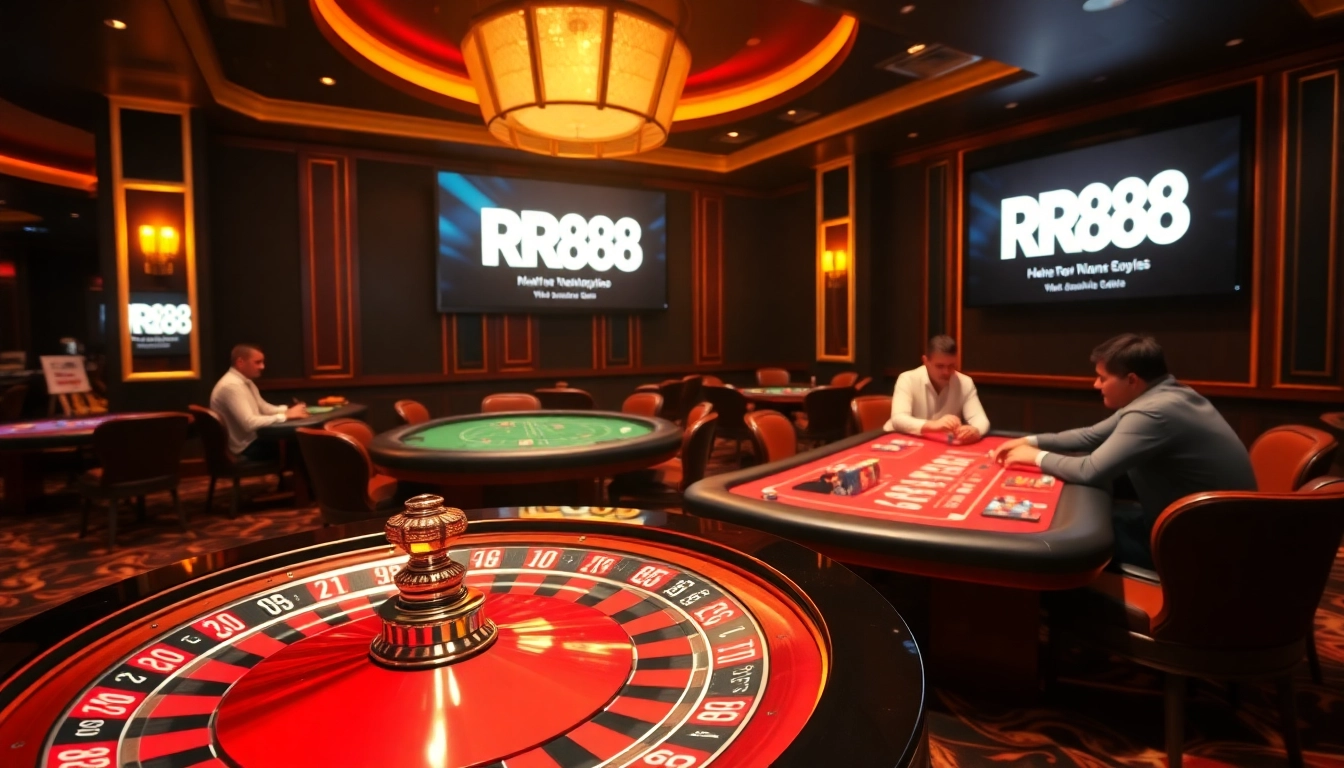 Exciting scene at RR88 casino with roulette wheel, poker tables, and vibrant gaming atmosphere.