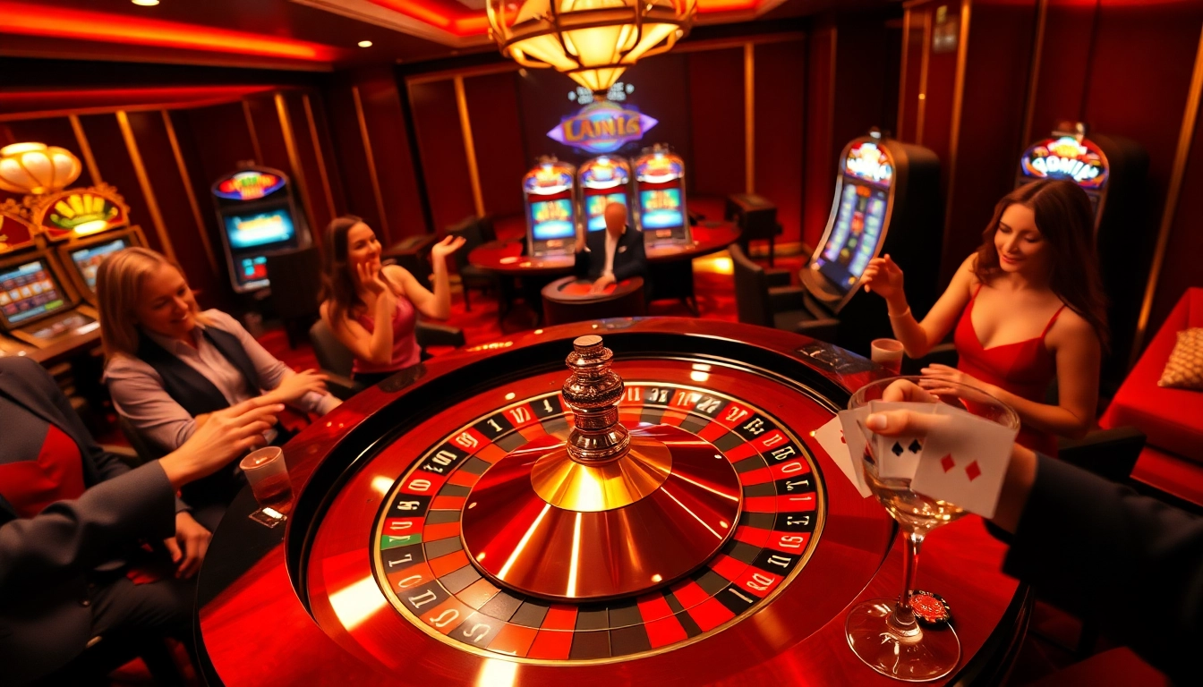 Engage with link luckywin at a vibrant casino, featuring roulette, poker chips, and an atmosphere of excitement.