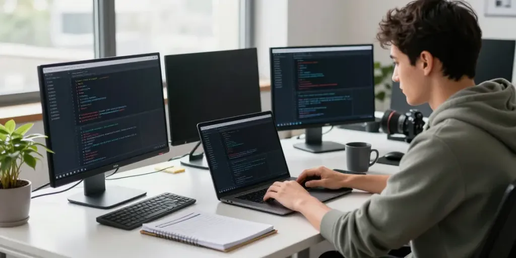 Developer demonstrating instant indexing strategies in a modern office.