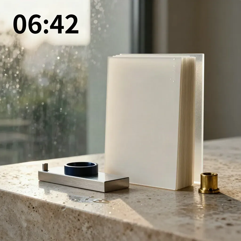 Blank form cards, frosted acrylic sheets, brass weights and aluminium spacers on wet stone in soft dawn light.