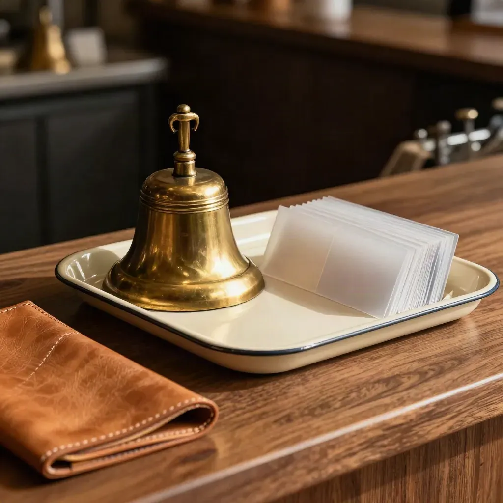Brass reception bell, frosted divider cards and leather catchall on a walnut counter