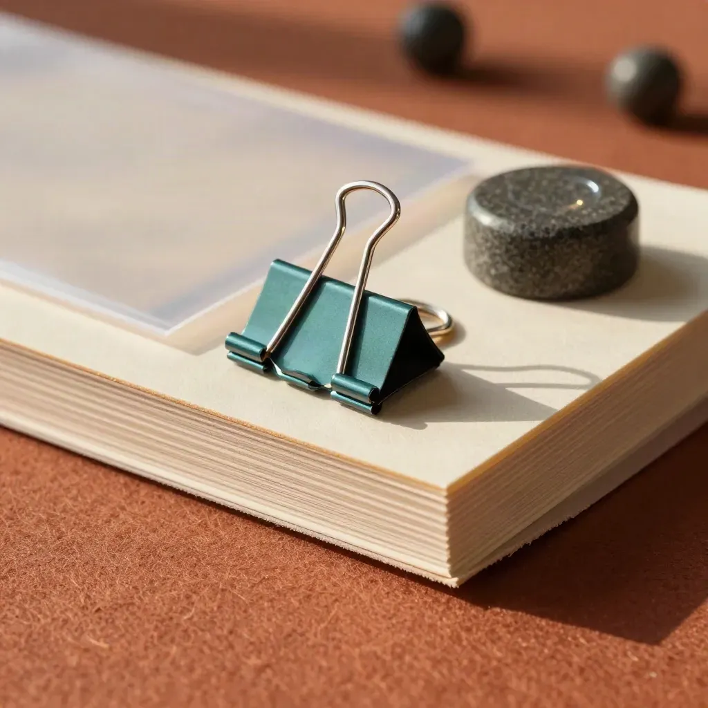 Extreme macro of presentation boards, binder clips, a sealed portfolio sleeve and a paperweight on terracotta.
