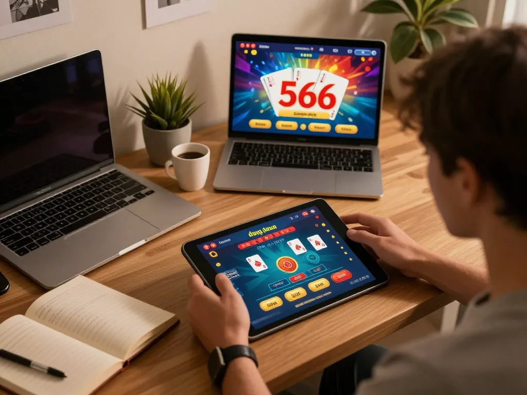 Engaging in online gaming with đăng nhập 566 on the tablet at a cozy home office.